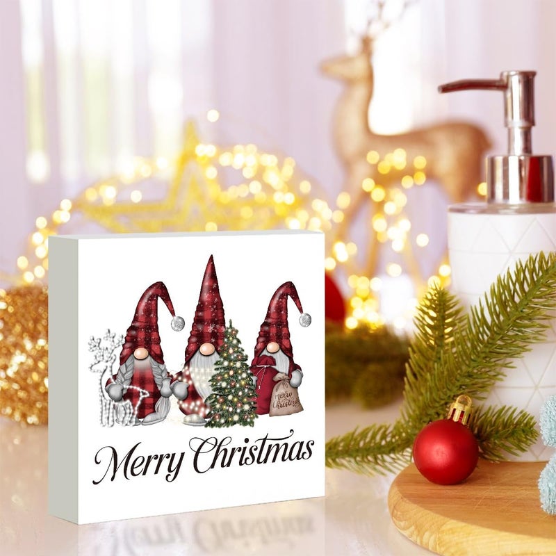 FXEFXE Christmas Decorations, Christmas Gnomes Decorations Indoor, Red Glitter Xmas Tree Sign Gift for Women Friends, Rustic Wooden Box Sign for Home Shelf Office Bedroom Desk Decor 5x5 Inches - Image 5